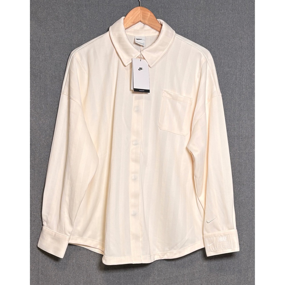 Nike Sportswear Womens Oversized Striped Snap Down Shirt HV1956-110 Ivory Sz S